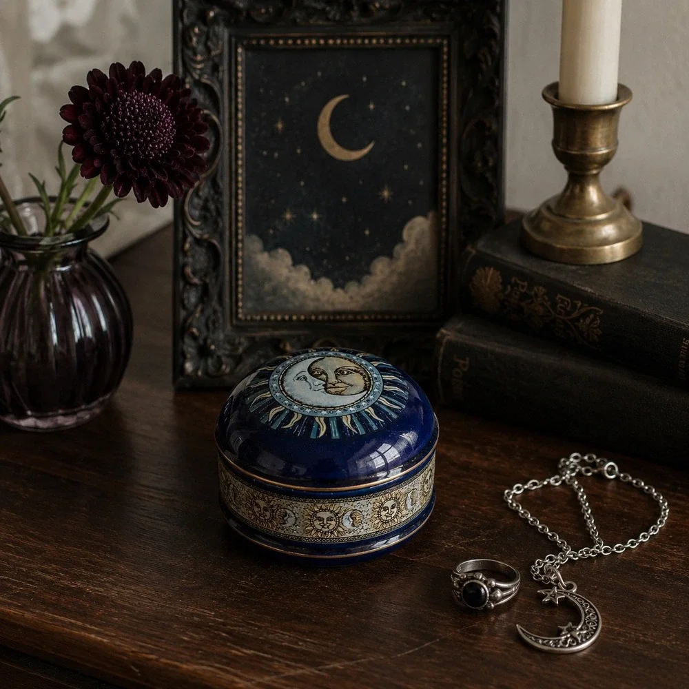 Blue Celestial Sun Moon Music Box Trinket Jar Whimsigoth Vintage OS